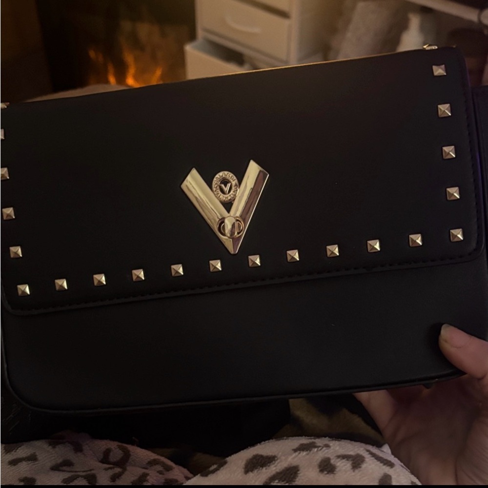Valentino Orlandi Black Crossbody Bag with Gold Studs